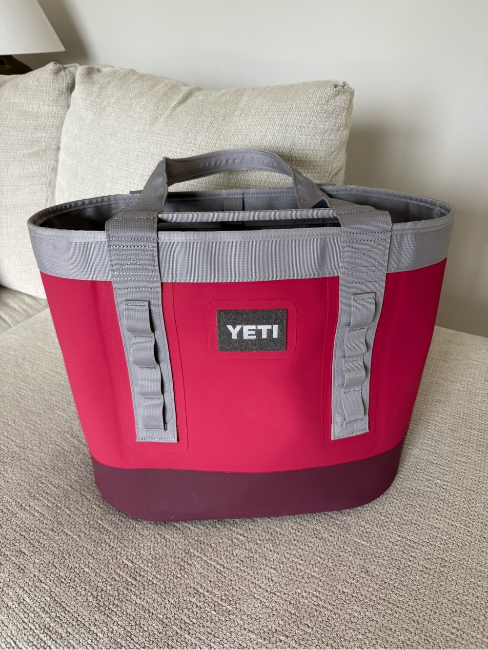 Yeti Camino 35 Carryall Tote in Raspberry and Gray with Deep Berry Base